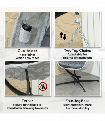 Outsunny Hanging Egg Chair Outdoor Indoor Swing Chair, Folding Basket, Grey