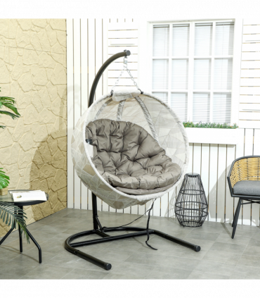 Outsunny Hanging Egg Chair Outdoor Indoor Swing Chair, Folding Basket, Sand