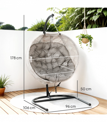 Outsunny Hanging Egg Chair Outdoor Indoor Swing Chair, Folding Basket, Sand