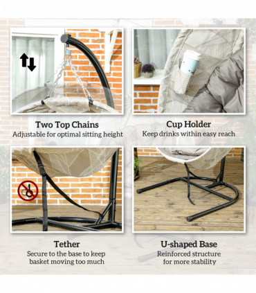 Outsunny Hanging Egg Chair Outdoor Indoor Swing Chair, Folding Basket, Sand