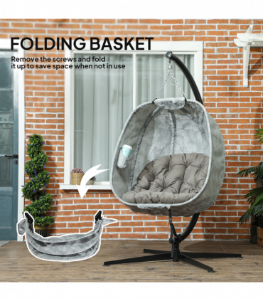 Outsunny Hanging Egg Chair Outdoor Indoor Swing Chair, Folding Basket, Sand