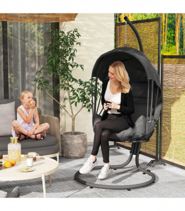 Outsunny Hanging Egg Chair w/ Stand Retractable Canopy, Grey