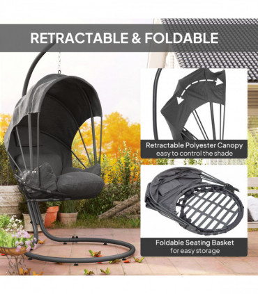 Outsunny Hanging Egg Chair w/ Stand Retractable Canopy, Grey