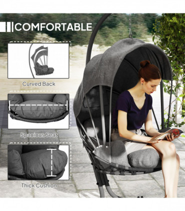 Outsunny Hanging Egg Chair w/ Stand Retractable Canopy, Grey