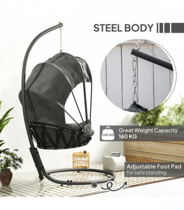 Outsunny Hanging Egg Chair w/ Stand Retractable Canopy, Grey