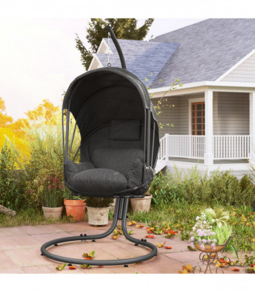 Outsunny Hanging Egg Chair w/ Stand Retractable Canopy, Grey