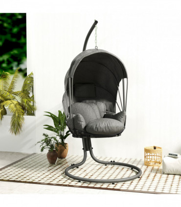 Outsunny Hanging Egg Chair w/ Stand Retractable Canopy, Grey
