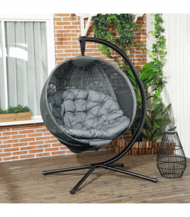 Outsunny Hanging Swing Chair w/ Metal Stand & Side Pocket, Charcoal Grey