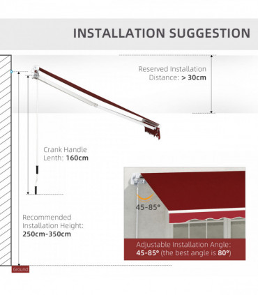 Manual Retractable Sun Shade Patio Awning Deck Canopy Shelter, 2.5mx2m-Dark Red