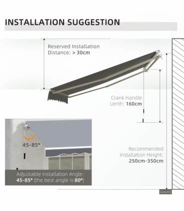 Manual Retractable Sun Shade Patio Awning Deck Canopy Shelter, 2.5mx2m- Grey