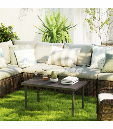 Outsunny Metal Garden Coffee Table with Woodgrain Tabletop, Brown