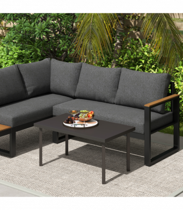 Outsunny Metal Garden Coffee Table with Woodgrain Tabletop, Brown