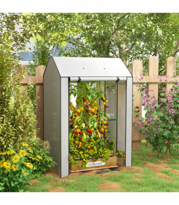 Outsunny Mini Greenhouse with Shelves and Roll Up Door, 100x80x150cm, White