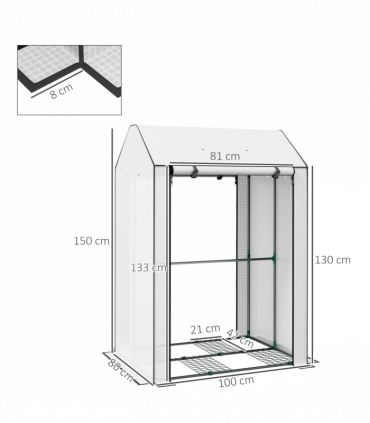 Outsunny Mini Greenhouse with Shelves and Roll Up Door, 100x80x150cm, White