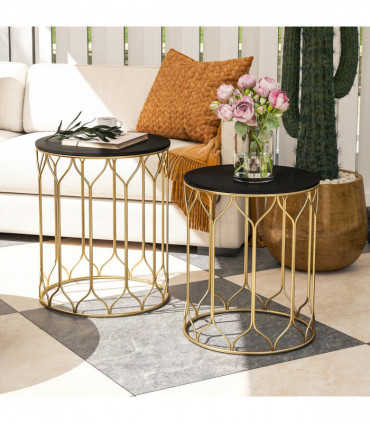 Outsunny Nesting Small Garden Table Set of 2 with Marble Effect Top, Black