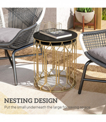 Outsunny Nesting Small Garden Table Set of 2 with Marble Effect Top, Black