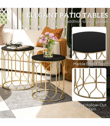 Outsunny Nesting Small Garden Table Set of 2 with Marble Effect Top, Black