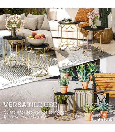 Outsunny Nesting Small Garden Table Set of 2 with Marble Effect Top, Black