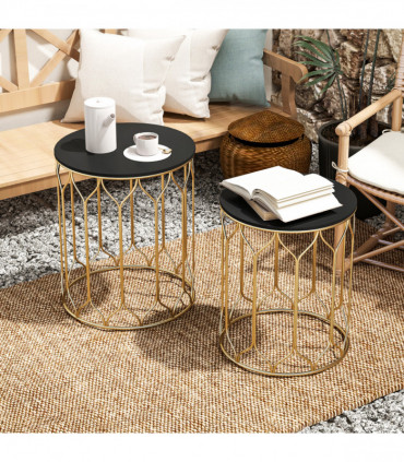 Outsunny Nesting Small Garden Table Set of 2 with Marble Effect Top, Black