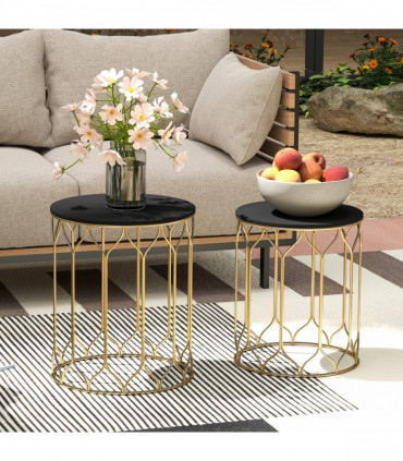 Outsunny Nesting Small Garden Table Set of 2 with Marble Effect Top, Black