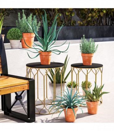 Outsunny Nesting Small Garden Table Set of 2 with Marble Effect Top, Black