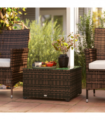 Outsunny Outdoor Coffee Table with Glass Top, Rattan Side Table, Brown