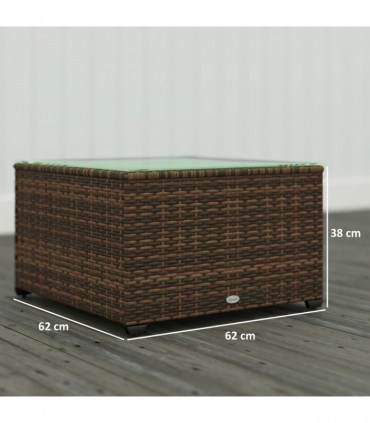 Outsunny Outdoor Coffee Table with Glass Top, Rattan Side Table, Brown