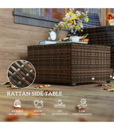 Outsunny Outdoor Coffee Table with Glass Top, Rattan Side Table, Brown
