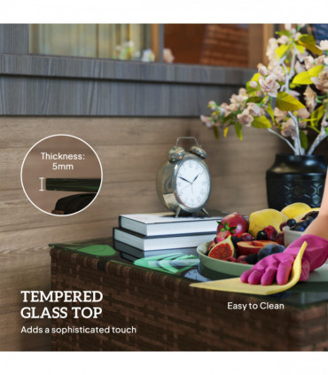 Outsunny Outdoor Coffee Table with Glass Top, Rattan Side Table, Brown