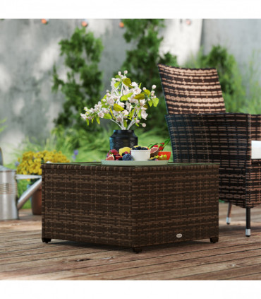 Outsunny Outdoor Coffee Table with Glass Top, Rattan Side Table, Brown