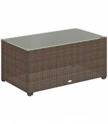 Outsunny Outdoor Coffee Table, Glass Top Rattan Side Table, Brown