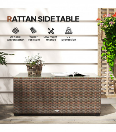 Outsunny Outdoor Coffee Table, Glass Top Rattan Side Table, Brown