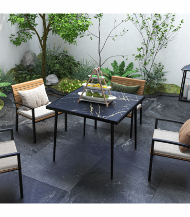 Outsunny Outdoor Dining Table for 4 with Marble Effect Tempered Glass Top Black