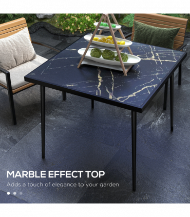 Outsunny Outdoor Dining Table for 4 with Marble Effect Tempered Glass Top Black