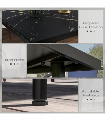 Outsunny Outdoor Dining Table for 4 with Marble Effect Tempered Glass Top Black
