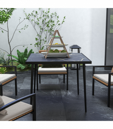 Outsunny Outdoor Dining Table for 4 with Marble Effect Tempered Glass Top Black