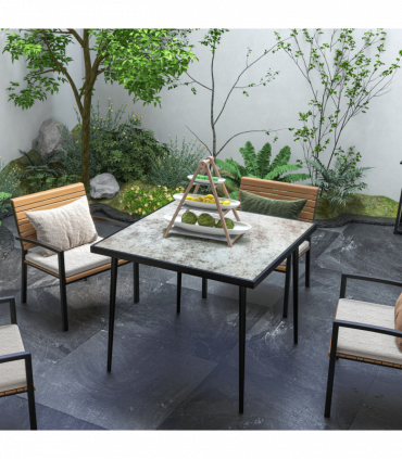 Outsunny Outdoor Dining Table for 4 with Marble Effect Tempered Glass Top Grey