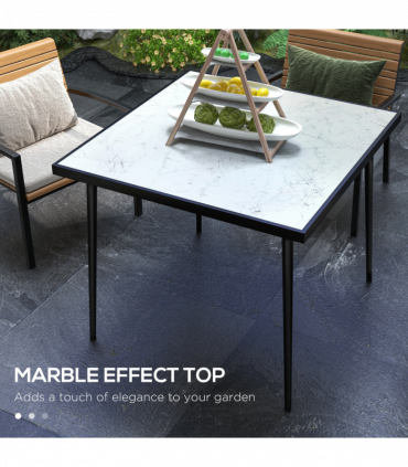 Outsunny Outdoor Dining Table for 4 with Marble Effect Tempered Glass Top White