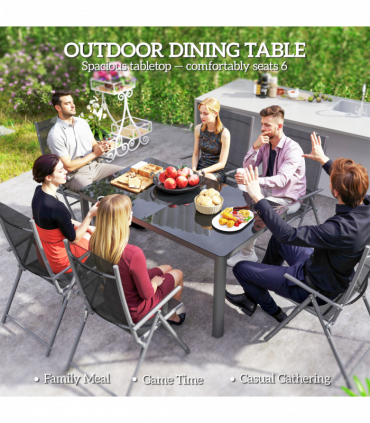 Outsunny Outdoor Dining Table for 6 with Glass Top, Aluminium Frame, Grey