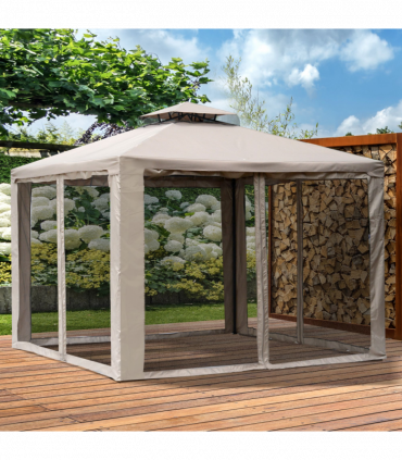 Outsunny Outdoor Gazebo, 2-tier Roof W/Netting, 295L x 295W x 263Hcm-Taupe
