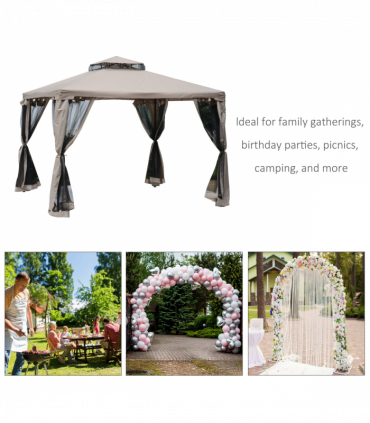 Outsunny Outdoor Gazebo, 2-tier Roof W/Netting, 295L x 295W x 263Hcm-Taupe