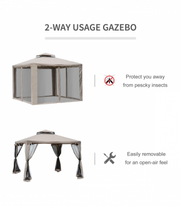 Outsunny Outdoor Gazebo, 2-tier Roof W/Netting, 295L x 295W x 263Hcm-Taupe