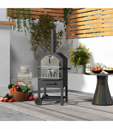 Outsunny Outdoor Pizza Oven Charcoal Grill with Rain Cover, Shelf and Wheels