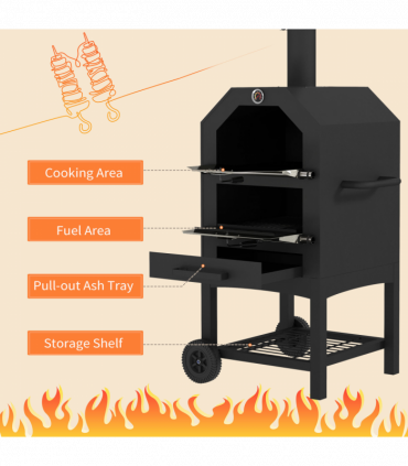Outsunny Outdoor Pizza Oven Charcoal Grill with Rain Cover, Shelf and Wheels