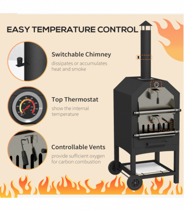 Outsunny Outdoor Pizza Oven Charcoal Grill with Rain Cover, Shelf and Wheels