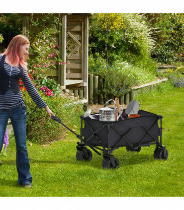 Outsunny Outdoor Pull Along Garden Trolley on Wheels Folding Beach Cart Black