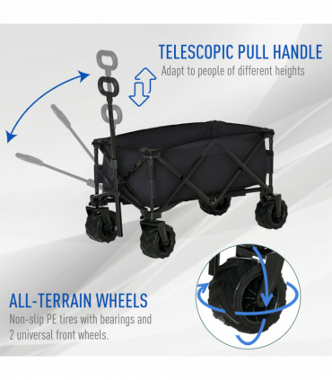 Outsunny Outdoor Pull Along Garden Trolley on Wheels Folding Beach Cart Black