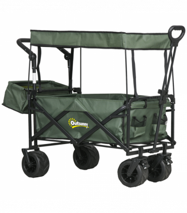 Outsunny Outdoor Push Pull Wagon Stroller Cart with Canopy Top Green