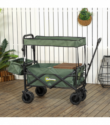 Outsunny Outdoor Push Pull Wagon Stroller Cart with Canopy Top Green
