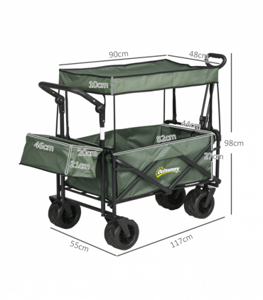 Outsunny Outdoor Push Pull Wagon Stroller Cart with Canopy Top Green